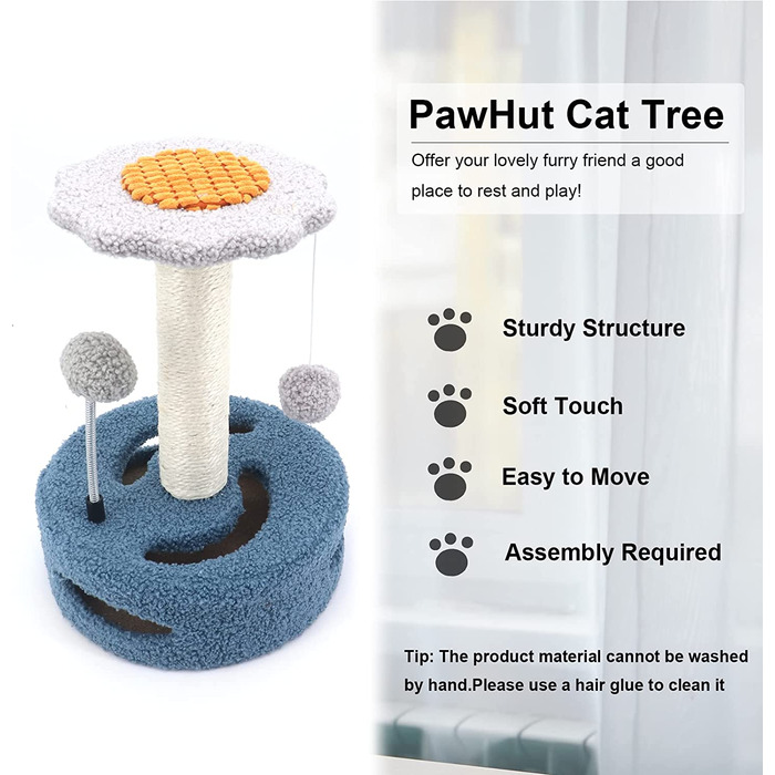 Котяче дерево MoYouno з квіткою, котяче дерево, маленьке котяче дерево для домашніх кішок, меблі для кішок, Тренажерний зал для кошенят, з інтерактивними іграшками для кішок, що звисає м'яч, 26 х 20 х 35 см синього кольору