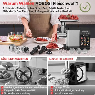 Електрична м'ясоподрібнювач AAOBOSI 3000W з LED-дисплеєм, 9 швидкостей, з нержавіючої сталі, для дому, з насадкою для ковбас та кіббе, інтегрований контейнер, сріблястий