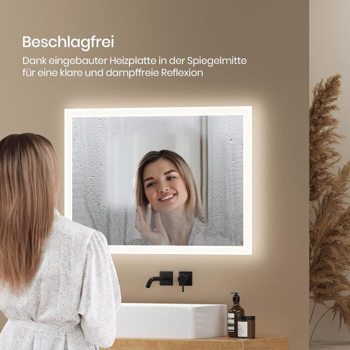 Дзеркало для ванної кімнати EMKE з підсвічуванням 120x60 см, тепле біле світло 3000K, вимикач, антизапар, 2 кольори світла, матовий бордюр