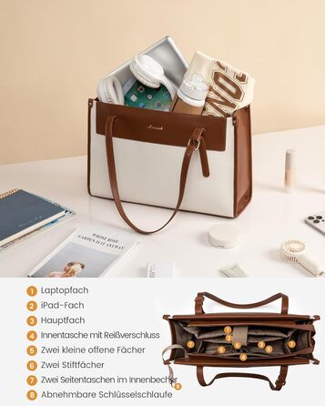 LOVEVOOK Сумка для ноутбука, жіноча велика водонепроникна сумка-шоппер, ділова сумка-акселуар, з PU шкіри, 15.6 дюймів (Коричневий+бежевий)