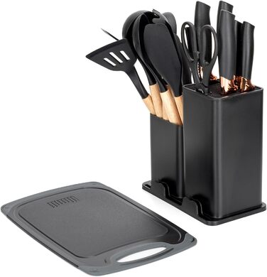 Набір кухонних ножів EliteHoff 19 предметів: 5 ножів, 12 аксесуарів, дошка та підставка. Силіконові кухонні аксесуари з дерев'яними ручками, безпечні для харчових продуктів, придатні для миття в посудомийній машині, чорного кольору (E-6069)