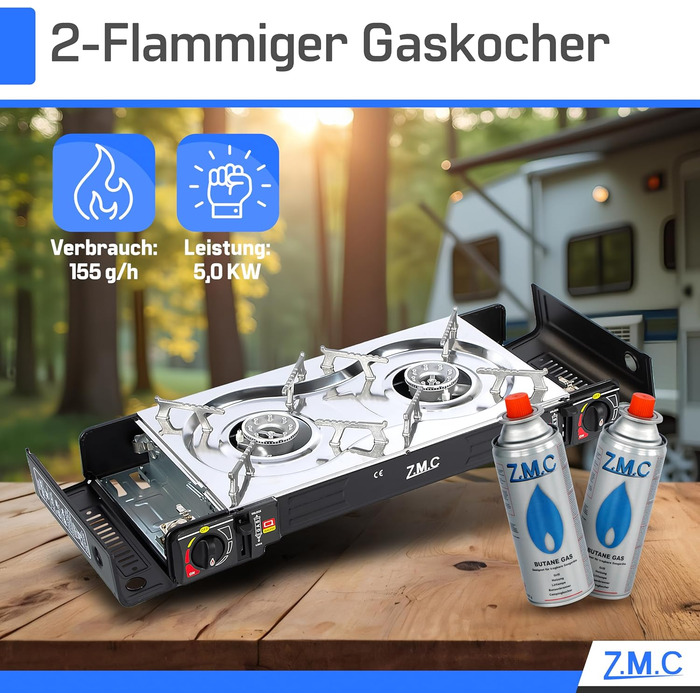 Газовий набір для кемпінгу ZMC 2-поверховий з адаптером для LPG + 4 балончики 227г + кейс, 2.5кВт, з Piezo-запалюванням, для відпочинку на природі та дому