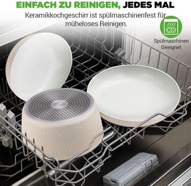 Набір посуду NutriChef 18 частин з кераміки кремового кольору з знімними ручками. Підходить для індукційних плит, всіх типів плит, духовок. Антипригарне покриття, компактний, можна складати.