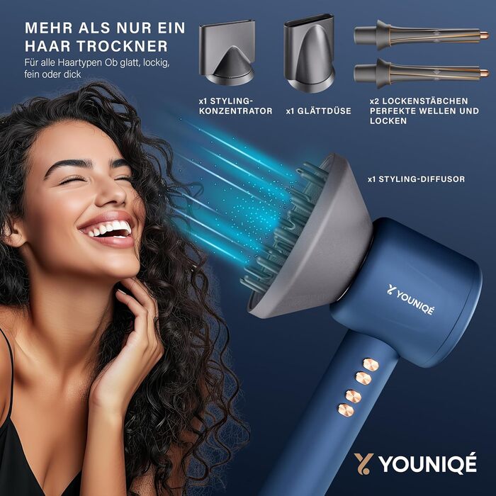 Мультифункціональний фен для волосся 5-в-1 з іонною технологією, набір насадок (локони, випрямлення, дифузор, концентратор), 1600W, LED-дисплей, 4 режими температури, магнітні насадки, Блакитний/Золотий