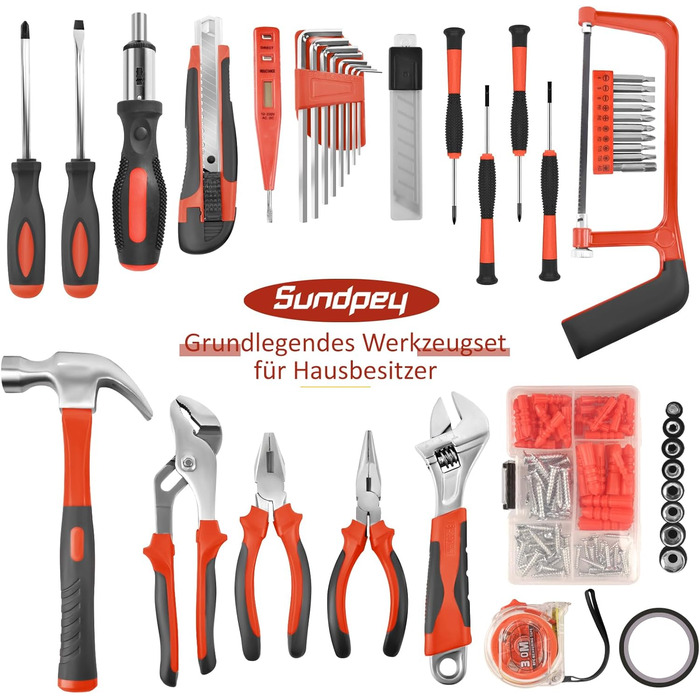 Набір інструментів Sundpey 148 предметів у кейсі: універсальний набір для дому з викруткою-тріскачкою, шестигранниками, плоскогубцями та тестером напруги для чоловіків і жінок (червоний)