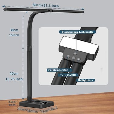 Двоголова світлодіодна настільна лампа, з можливістю затемнення, 24 Вт, захист очей, 25 режимів, чорний, гусяча шия, 80 см