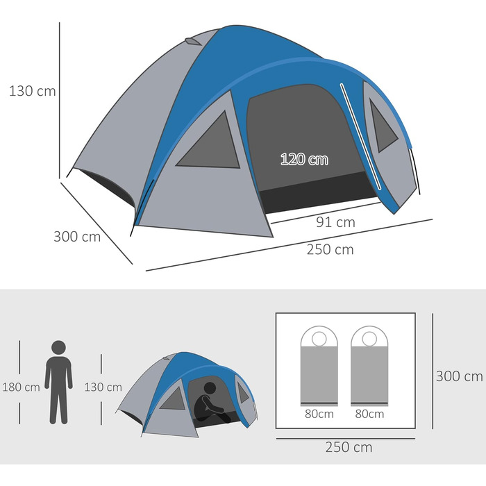 Двостінний намет Купольний намет Відкритий сімейний намет Igloo для 4 осіб 4 сезони водонепроникний з сумкою для перенесення Москітна сітка Двері з поліестеру скловолокно синій 300 x 250 x 130 см