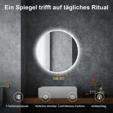 LED дзеркало для ванної кімнати з підсвічуванням, кругле, диммер, 3 кольори світла (3500K-6500K), сенсорне управління, антизапар, для макіяжу та гоління (50см фонова підсвітка)