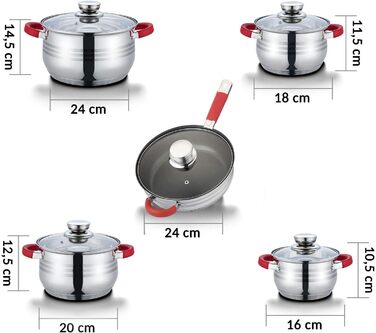 Мелодія 10 шт. Набір індукційних каструль з нержавіючої сталі для всіх типів плит, червоний