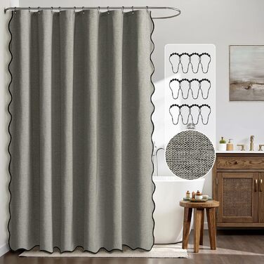 Шторка для душу MIULEE 120x200 см, льонова текстура, з чорною окантовкою, готельний стиль, водонепроникна, антигрибкова, тканинна, з 8-ма кільцями, сіра