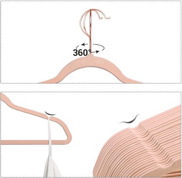 Оксамитова вішалка SONGMIC, комплект з 20 предметів, вішалка для куртки, нековзна поверхня, довжина 42 см, вішалка для костюма, тонка, добре витримує навантаження, гачок з поворотом на 360 з рожевого золота, для пальто, CRF026W01 (рожевий)