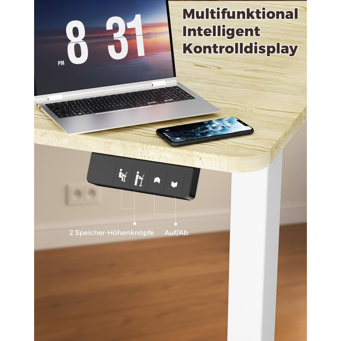 Регульований по висоті письмовий стіл для дому та офісу з пам'яттю на 2 пресети, стіл для ігор та роботи, колір вінтажний коричневий (100 x 60 см)