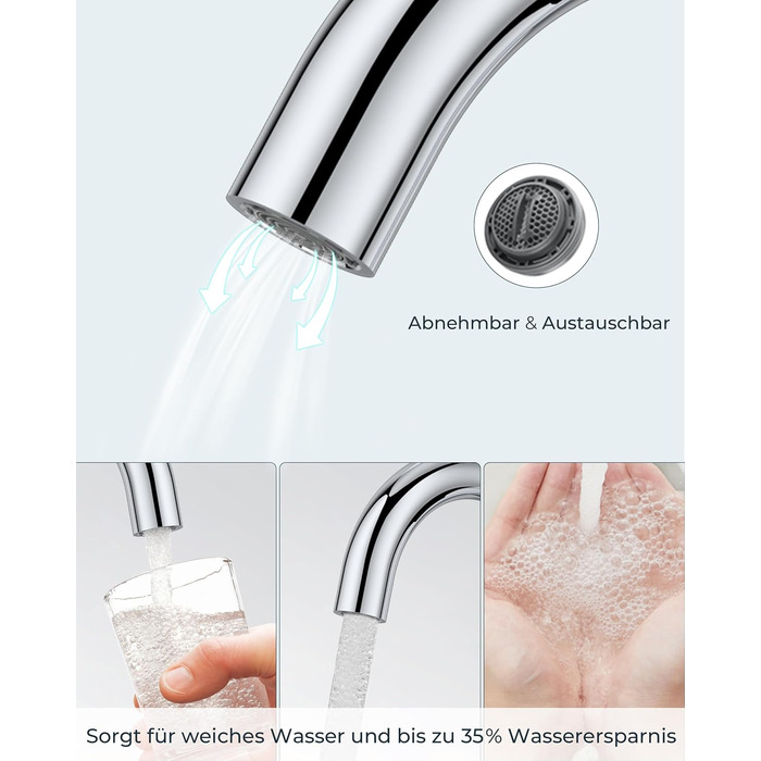 Змішувач для ванної кімнати/кухні FORIOUS Hoch 360° з нержавіючої сталі, з підйомом 175 мм, з підключенням до гарячої та холодної води, полірований хром