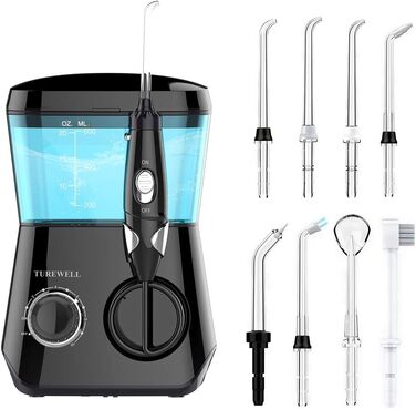 Електричний іригатор TUREWELL для ротової порожнини з 10 рівнями тиску та 8 насадками, IPX7, 600 мл, чорний