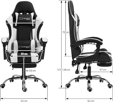 Масажне ігрове крісло ML-Design, PU шкіра, ергономічне офісне крісло, регульоване поворотне крісло, гоночне геймерське крісло з підлокітником, підголівник, поперекова подушка, підставка для ніг, крісло для столу (чорно-біле)