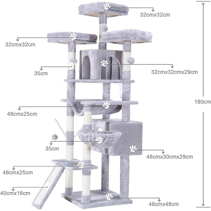 Кігтеточка Hey-brother 180 см XXL, стайня з сизалевою мотузкою, дошка для кігтеточок, кошик, 3 платформи, 2 будиночки, світло-сірий