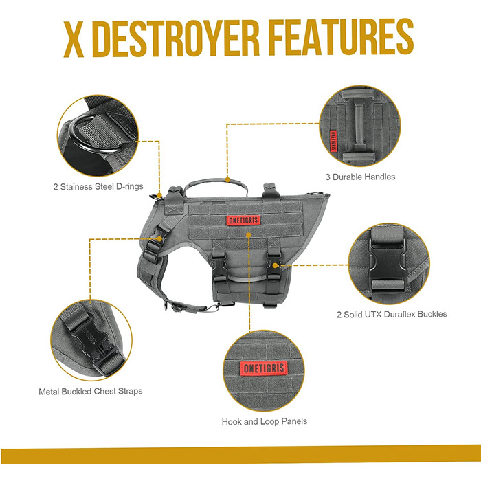 Тактичний жилет для собак OneTigris X Destroyer з 3 ручками XL сірий