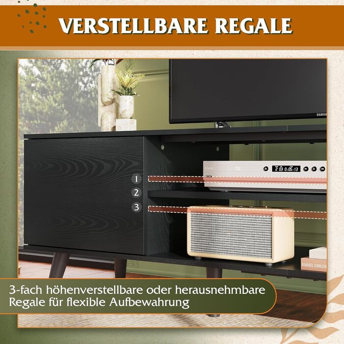 Тумба під телевізор WLIVE Schwarz 160x40x47 см, чорна, з 2 дверцятами та 2 відкритими полицями для вітальні, спальні, їдальні