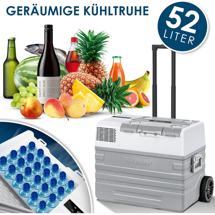 Автомобільний компресорний холодильник KESSER® 42L з Wi-Fi, 12/24/230V. Морозильна камера до -20°C, колеса, телескопічна ручка для кемпінгу, фургону, вантажівки, човна + 2 акумулятори холоду