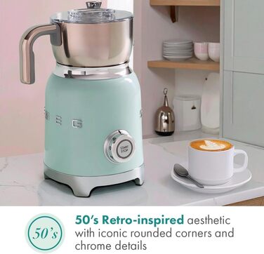 Пінсувальник молока Smeg MFF11PGEU, багатофункціональний, індукційний, 6 програм, ручний режим, скляна колба 600 мл, мірна кришка, вбудований переливання, 500W, пастельно-зелений