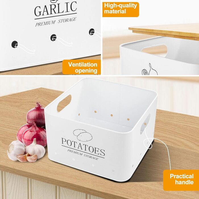 Набір контейнерів для зберігання картоплі, цибулі та часнику (3 шт.) з бамбуковим кришками - зберігає овочі свіжими довше. Чорний (Blanc)