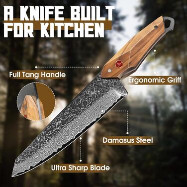 Ніж кухарський Damast від TAN REN, професійний ніж з дамаської сталі, з подарунковою коробкою, ручної роботи, для м'яса, надзвичайно гострий