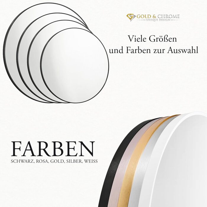 Круглий настінний дзеркало GOLD&CHROME UNIQUE DESIGN чорного кольору - 50 x 50 см, для ванної кімнати та макіяжу, з алюмінію, декоративне, велике, 2 роки гарантії