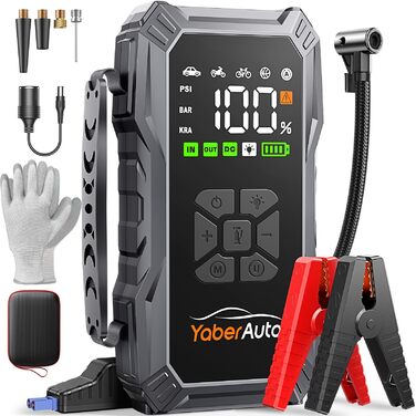 Портативний пусковий пристрій YaberAuto з компресором, 150 PSI, 6000A, 23800mAh, Jump Starter для бензинових та 10.0L дизельних двигунів з LCD-дисплеєм та світлодіодом 500 люмен