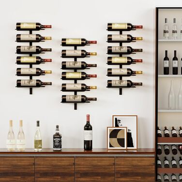 Настінна полиця для вина TJ.MOREE на 12 пляшок, дерев'яний винотримач для кухні, бару, їдальні - чорний комплект 6 шт.