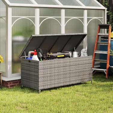 Скриня для подушок садових Polyrattan Amopatio 480л, водонепроникна, з роликами та газліфтом, сіра