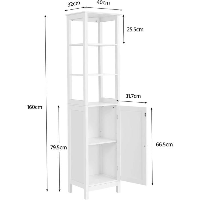 Висока шафа Yaheetech, тумба для ванної кімнати, 3 відкритих відділення, регульована полиця, 40x32x160, біла