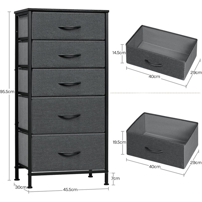 Комод з 5 шухлядами WOLTU SSK004whe: стильний комод-шафка для спальні, вітальні, коридору. Металевий каркас, ДСП, чорна деревина + темно-сірий колір.