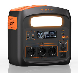 Портативна електростанція 1500W (3000W пікова потужність), 1102,5Wh LiMnFePO4 акумулятор, швидка зарядка за 90 хв, PD 100W, USB-C/AC/DC, сонячна панель, для кемпінгу, резервне живлення, на відкритому повітрі (Помаранчевий + Чорний)