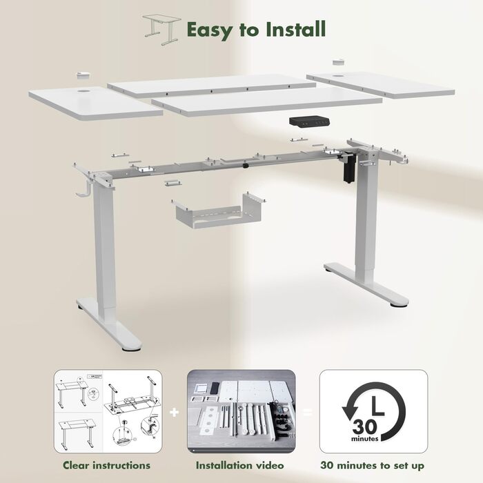 Електричний регульований стіл JUMMICO 160x80 см з підзарядною станцією, білий. Ергономічний стіл для роботи з кабельною організацією