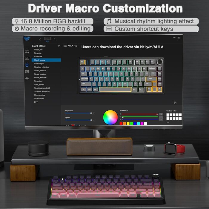 Механічна клавіатура AULA F75 PRO для геймінгу: 2.4GHz/Type-C/BT5.0, Hot-Swap, бездротова, 75%, QWERTY (сірий/чорний рожевий)