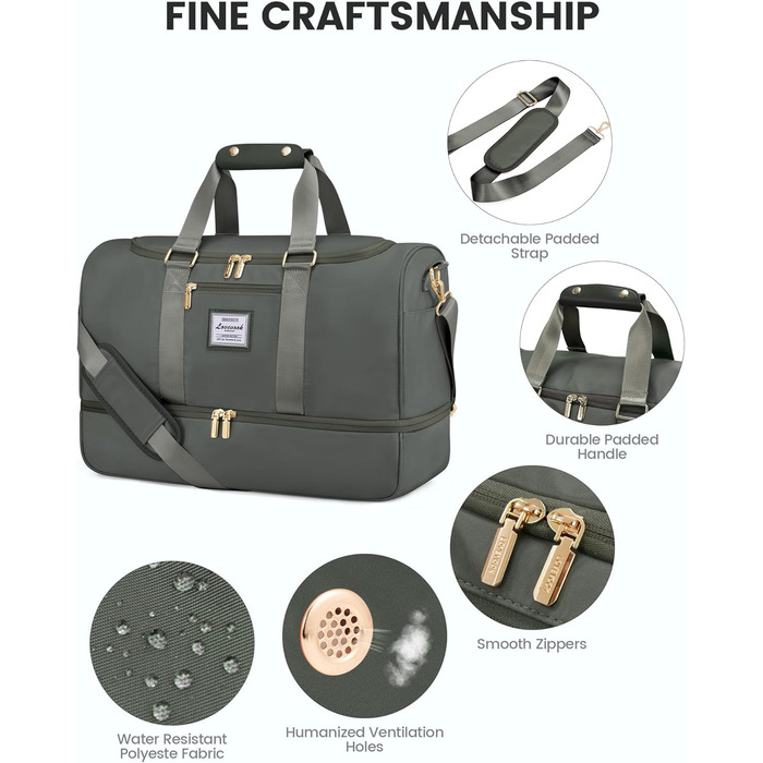 Спортивна сумка LOVEVOOK для жінок: дорожня сумка, weekender, з косметичкою, відділенням для взуття та мокрих речей, водонепроникна пляжна/басейнова/сауна сумка, ручна поклажа для подорожей, зелена