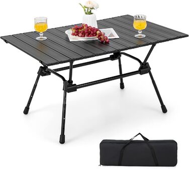 Кемпінговий стіл COSTWAY складний, регульований по висоті розкладний стіл з алюмінієвою стільницею, розкладний стіл садовий стіл з рулонною стільницею, включаючи сумку для перенесення, 90 x 60.5 x 52 см (чорний)