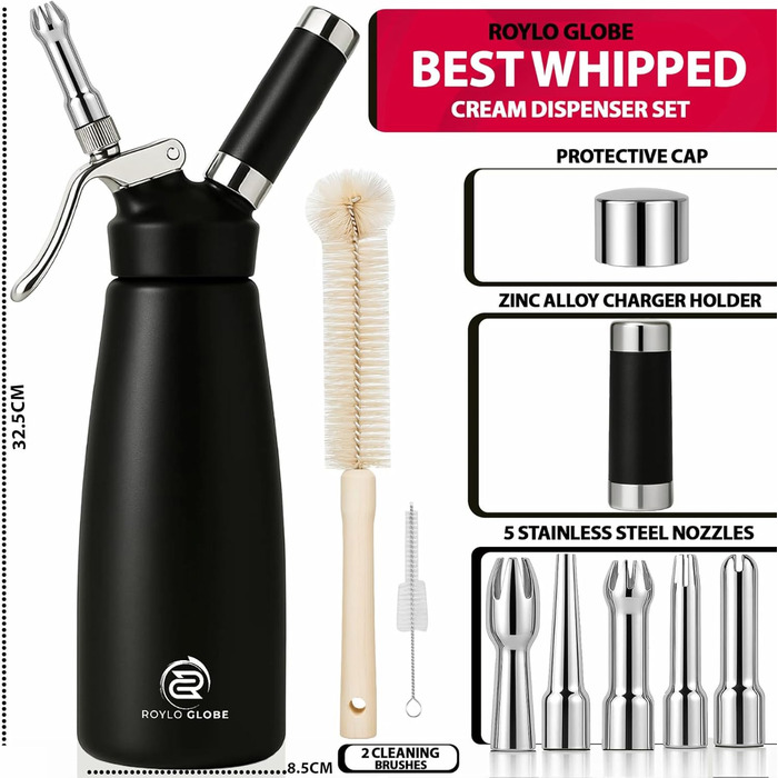 Алюмінієвий диспенсер для збивання вершків на 500 мл з 5 насадками, щітками для чищення, 0,5 л (N20 зарядний пристрій не входить до комплекту)