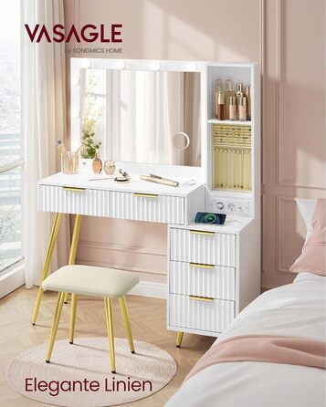 Дзеркальний туалетний столик VASAGLE з пуфом та 10x збільшенням, LED-підсвічуванням, ящиками та станцією для зарядки, 40 x 110 x 135 см, білий