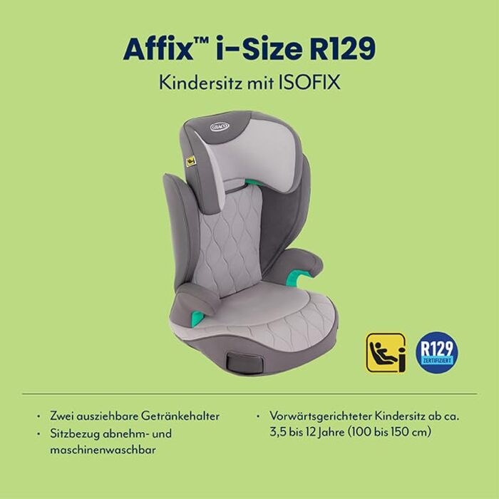 Автокрісло Graco Affix i-Size R129 для дітей 3,5-12 років (100-150 см), чорне, з регульованою підголівником та ISOFIX