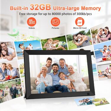 Цифровий фоторамка GGUA WiFi 10.1 дюйма з сенсорним екраном IPS, 32GB, автоматичне обертання, Frameo App, чорний