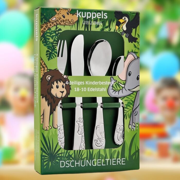 Дитячий набір столових приборів Kuppels з гравіюванням імені – набір столових приборів для дітей від 3 років, 4 шт., нержавіюча сталь, придатний для миття в посудомийній машині – персоналізований хрестильний подарунок для дівчаток та хлопчиків (з зображен
