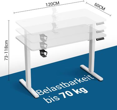 Регульований стіл 120x60 см з USB-C, електричний з пам'яттю, для офісу, стоячий, комп'ютерний, білий Pro