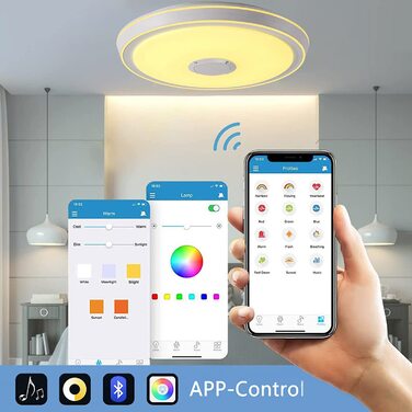 Світлодіодний стельовий світильник VOMI з динаміком Bluetooth, RGB, з можливістю затемнення, пульт дистанційного керування та додаток, 50 см, сучасний