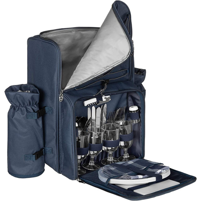 Рюкзак для пікніка Andora на 4 особи з інтегрованою сумкою-холодильником, зелений, з аксесуарами (темно-синій, білий)