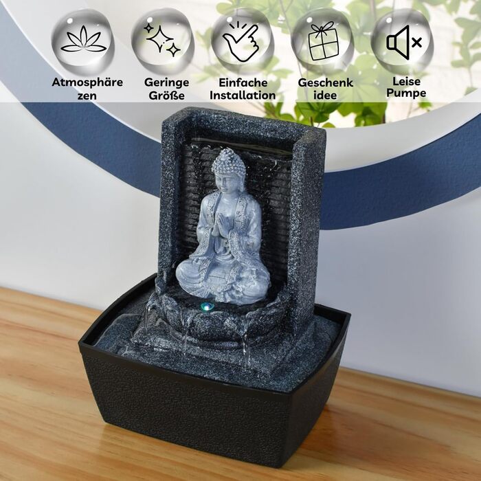 Фонтан для медитації Zen'Light Nirvana з Буддою та LED-підсвіткою. Сучасний декор для дому, Фен-Шуй, сірий, H 26 см