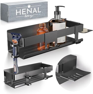 Набір для зберігання в душі Henal 5 в 1: поличка, тримач для бритви, скребок для скла, мильниця та гачки. Організатор для ванної кімнати XXL, не потребує свердління, з нержавіючої сталі, матовий чорний
