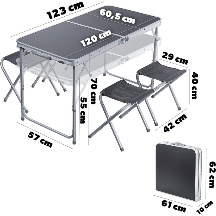 Набір кемпінгових меблів KADAX, Кемпінговий стіл зі складними стільцями, Розкладний стіл з 4 кріслами, Регульований по висоті набір сидінь, Розкладний стіл, Багатофункціональний стіл для кемпінгу (сріблясто-сірий)