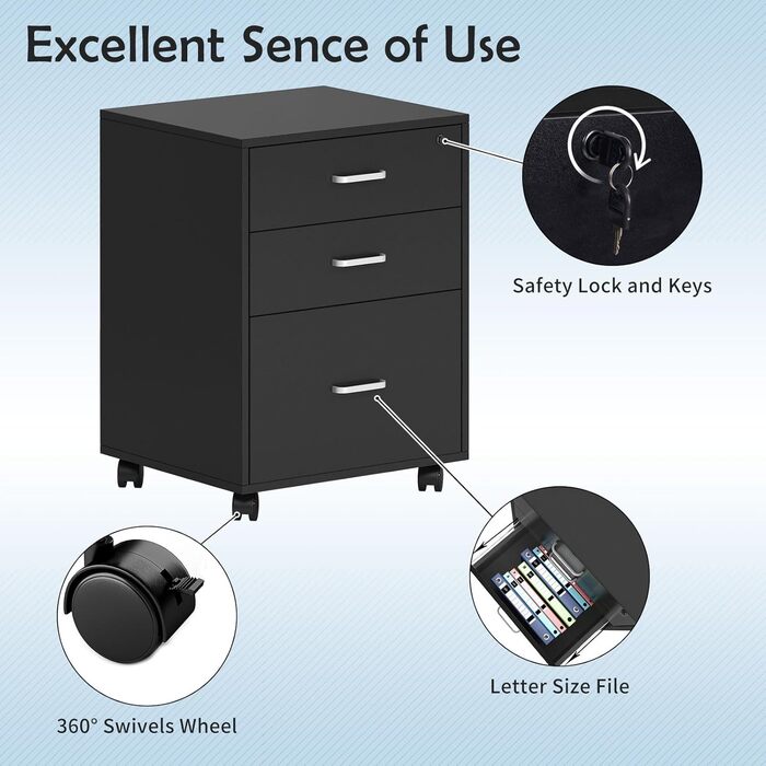 Шафа для документів на колесах SogesHome, мобільний контейнер для офісу, з 3 висувними ящиками, з ключем, білий/чорний, для дому та офісу