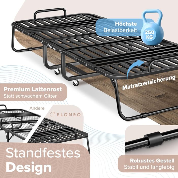 Розкладне ліжко ELONEO з преміум-матрацом (90x200 см), металевий каркас, витримує до 250 кг, з коліщатками та захисним чохлом